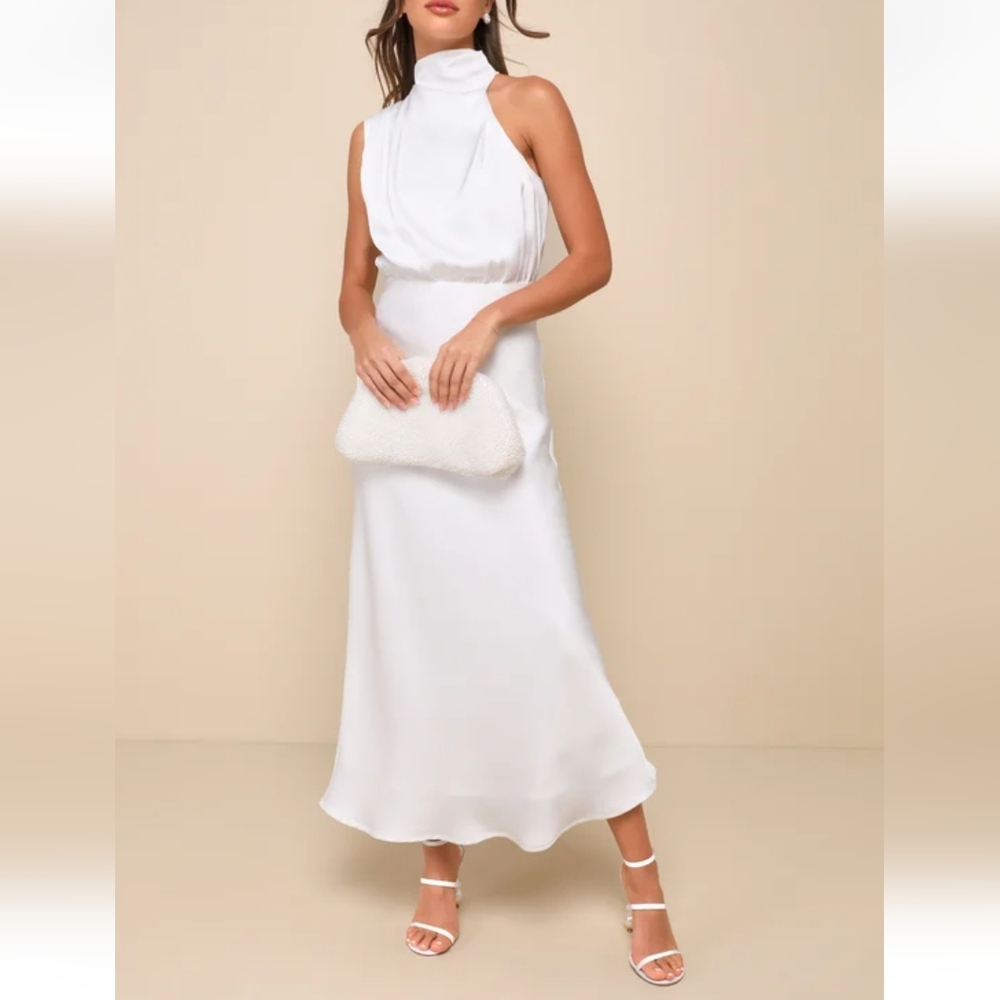 Lulus NWOT Distinctive Charm White Satin Asymmetrical Midi Dress